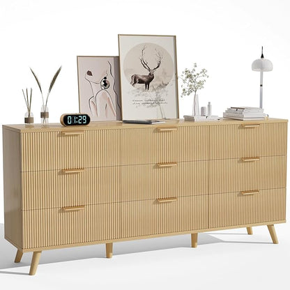 63" Long 9 Drawer Dresser for Bedroom, Modern Chest with Fluted Detailing, Light Wood Boho Dresser and TV Stand, Stylish Storage Organizer for Living Room, Hallway, or Closet, Light Wood