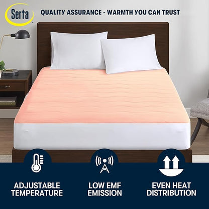 Serta Heated Mattress Pad Full Size - Electric Mattress Pad, 10 Heat Setting Controller, Auto Shut Off Timer, Deep Elastic Pocket, Up to 17" Mattress, ETL Certified, Machine Wash, Full, White