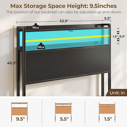 Rolanstar Headboard for Full Size Bed with Storage, 60,000 DIY Color of LED Light, Head Board with USB & Type C Port, Height Adjustable, Black Cabeceras de Cama Comfortable Modern, Wood