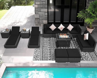 NICESOUL 13 Piece Patio Sectional with Chaise Lounge, Full Size Outdoor Set with Firepit Lounges for 10-Persons, Fade/Water Resistant Sturdy Conversation Seating Sofas, Gray Rattan & Black Cushion
