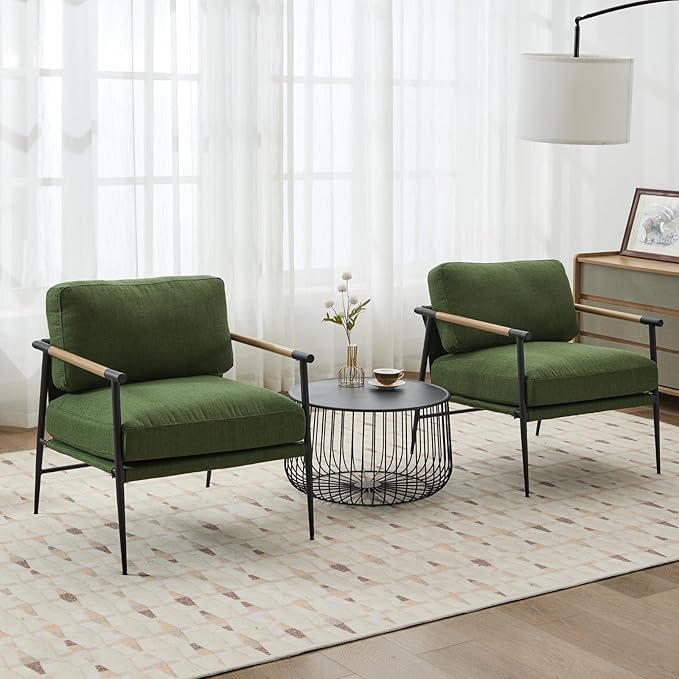 HEAH-YO Modern Accent Chairs Set of 2, Upholstered Linen Fabric Living Room Chairs with Backrests and Metal Legs, Comfy Reading Side Armchairs for Bedroom, Green