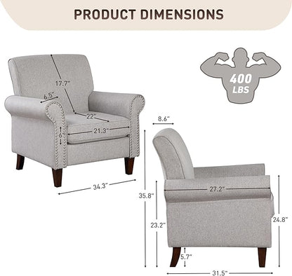 Prilinex Upholstered Living Room Chair - Large Comfy Fabric Accent Chair Single Sofa with Cushion, Rolled Armrest & Nailhead Trim, Mid Century Modern Armchair for Bedroom, Office, Grey