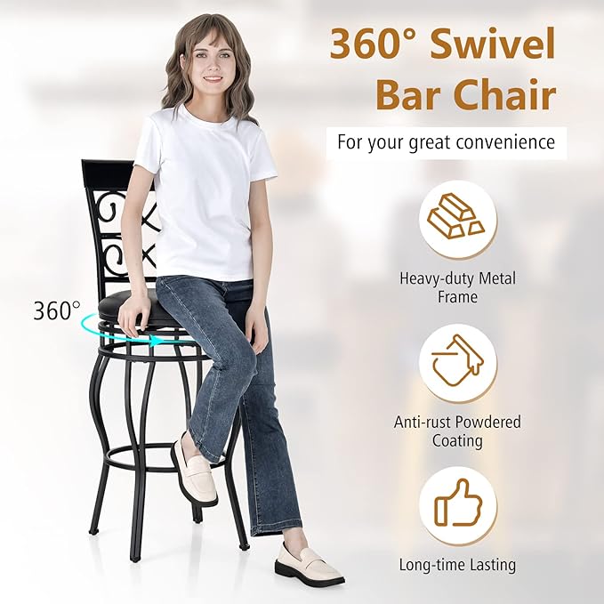 COSTWAY Bar Stools Set of 4, 360 Degree Swivel, 30" Bar Height Bar stools, with Leather Padded Seat Bistro Metal Vintage Chairs with Back for Kitchen Island, Pub (Set of 4)