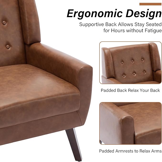 Accent Chairs Set of 2, Modern Faux Leather Armchairs for Living Room, Comfy Upholstered Arm Chairs Tufted for Indoor Bedroom Office Room (P Coffee)