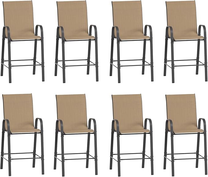 Amopatio Outdoor Bar Stools Set of 8, Bar Hight Patio Chairs, Sturdy High Back Outdoor Bar Chairs, All-Weather Textile Patio Bar Stools for Backyard, Porch, Balcony, Brown