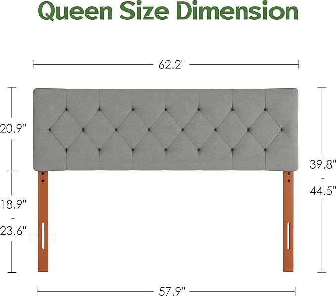 Queen Upholstered Headboard Only for Bed Frame from 49”-62”, Adjustable Height Queen XL Headboards with Durable Wood Legs, Fabric Bed Board in Modern Button Design, Light Grey