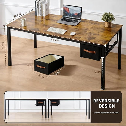 Computer Desk with Drawer, 63 Inch Large Home Office Work Desks, Modern Writing Study PC Desk Gaming Table for Bedroom Home, Stable Thick Metal Legs Frame Support （Rustic Brown）