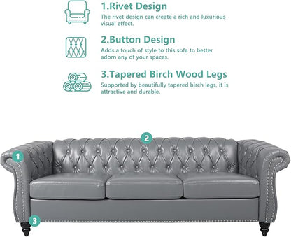 Chesterfield 3 Seater Sofa, Modern Leather Tufted Couch 3 Seater with Rolled Arms and Nailhead Mid-Century Upholstered Couch for Living Room, Bedroom, Apartment and Office, Grey