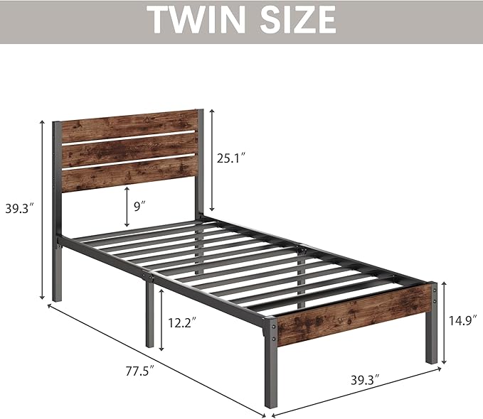 Twin Bed Frame with Headboard and Footboard, Metal Twin Bed Frame with Under Bed Storage, All-Metal Support System, No Box Spring Needed, Easy Assembly,Rustic Brown
