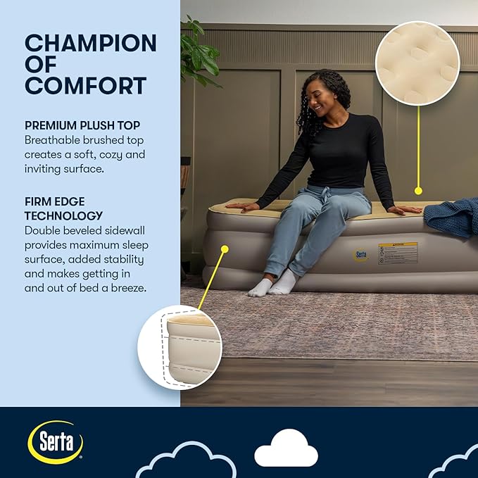 Serta Raised Air Mattress with Never Flat Pump | Luxury Inflatable Mattress with Built in Air Pump to Ensure a Good Night’s Rest | Heavy Duty Blow Up Mattress with Self Inflating Pump