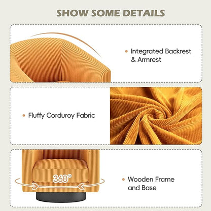 360° Swivel Accent Chairs Set of 2, Modern Bucket Chair, Corduroy Barrel Armchair, Comfy Boucle Chair, Single Sofa for Living Room Bedroom. Orange