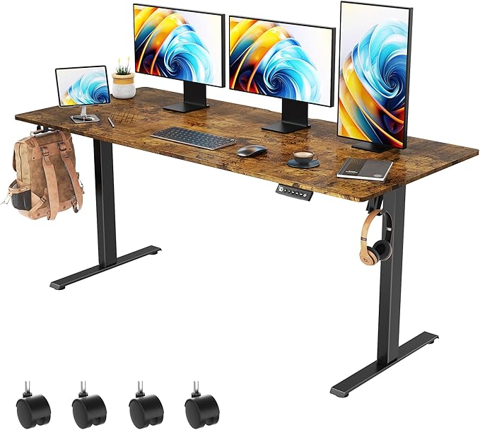 63 x 28 inch Electric Standing Desk Adjustable Height with 4 Wheels, 4 Memory Height Settings, 2 Headphone Hook, for Home Office, Splice Board Brown