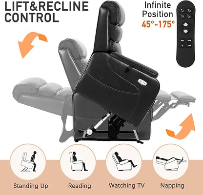 EONIX Dual Motor Lay Flat Power Lift Recliner Chair for Elderly, Faux Leather Electric Lift Chairs for Adults, 400lbs Heavy Duty Power Recliner with Heat Massage Charging Ports, SLRY003, Black