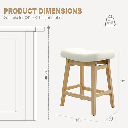 Counter Height Bar Stool for Kitchen Island Modern Barstool with Upholstered Faux Leather Backless Seat and Solid Wood Legs, 24 inch Farmhouse Bar Chair, White