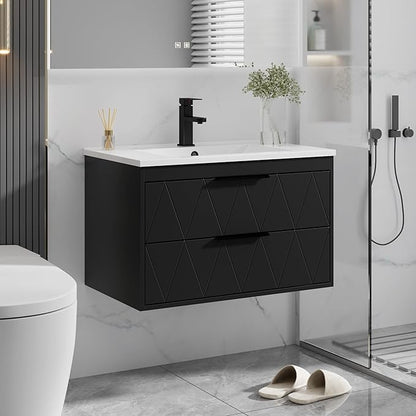 eclife 30" Bathroom Vanities Cabinet with Sink Combo, Wall Mounted Floating Cabinet W/Decor Line, Soft-Close System, 2 Extra Big Drawers, Matte Black Faucet, Black