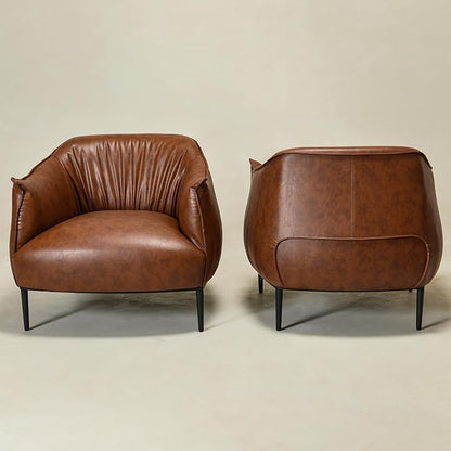 KINWELL 33" W Faux Leather Barrel Chairs Set of 2 with Hand-Tufted Pleated Back Flared Arms, Modern PU Upholstered Accent Chairs with Metal Legs, Large Armchairs Lounge Chairs for Living Room, Brown