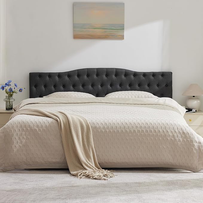 Upholstered Queen Headboard, Button Diamond Tufted Headboard with Adjustable Height and Solid Wood Leg, Velvet Padded Headboards for Queen Size Bed, Modern Head Board, Dark Grey