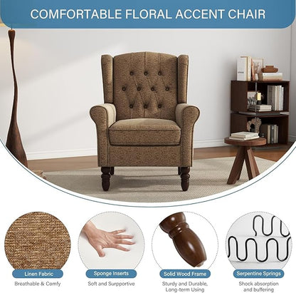 UIXE High Back Accent Chairs Set of 2, Fabric Upholstered Armchair Retro Wingback Arm Chair for Living Room, Comfy Single Sofa Bedroom Retro Reading Seat with Solid Wood Legs - Brown