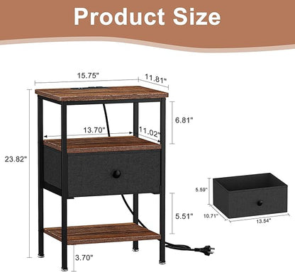 VECELO Night Stand Set 2, Nightstand with Charging Station, End Tables with Open Storage Shelf, Bed Side Tables with Fabric Drawers for Bedroom,Living Room,Rustic Brown