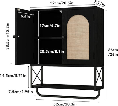 RUSTOWN Rattan Bathroom Wall Cabinet, Boho Over The Toilet Storage Cabinet with Arched Rattan Doors, Modern Medicine Cabinet with Adjustable Shelves & Towel Bar (Black, Medium)