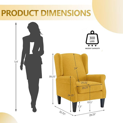 Accent Chairs for Bedroom, Yellow Fabric Classic Highback Reading Chairs, Elegant Farmhouse Single Couch Sofa with Wing Back, Modern Living Room Upholstered Armchair