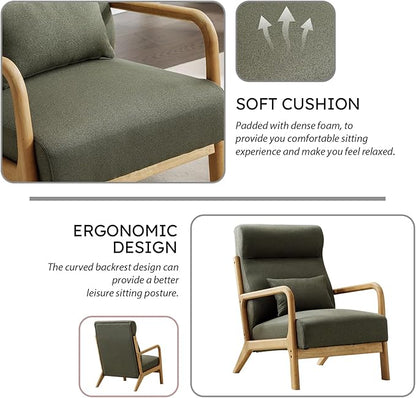 Accent Chair Mid Century Modern Chair Linen Fabric Living Room Chairs with Solid Wood Frame Comfy Upholstered and Lumbar Pillow Reading Side Chair Easy Assembly for Bedroom (2, Green)