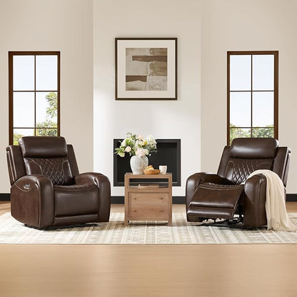 CHITA Genuine Leather Recliner Chair for Adults with Adjustable Power Headrest, Lay Flat Power Recliner with Slide-Out Cupholders & USB/Type-C Ports, Living Room Chair, Brown