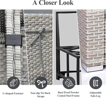 6-Piece Patio Furniture Set, Outdoor Extra Wide Armrest Modular Patio Sofa, Dual-Strand Rattan Wicker, Rust-Resistant Frame, Backyard High Back, Large Seat Furniture for Porch Garden Balcony, Grey