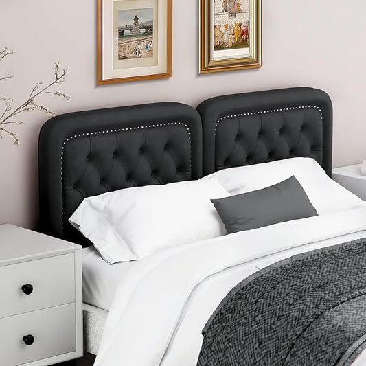 Tufted Upholstered Headboard Queen Size, Button Adjustable Height Queen Head Board Only, Sturdy and Durable Solid Wood with Nailhead Trim Headboards, Ideal for Bedroom, Dorm, Guest Room,Black