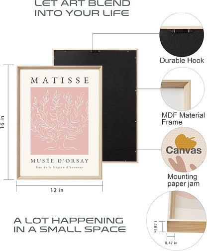 Framed Matisse Pink Canvas Wall Art,Abstract Matisse Canvas Wall Decor,16x12IN High Framed Wood Design Print,Minimalist Classic Decor Aesthetic for Living Room,Bedroom,Bathroom Set of 3