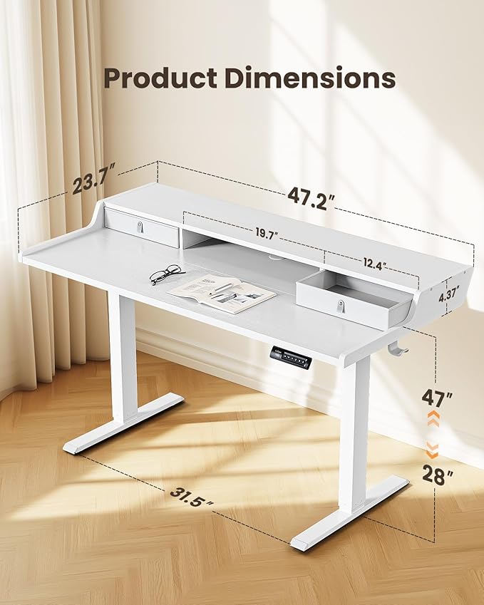 ErGear Electric Standing Desk with Drawers, 48″ x 24″ Gaming Table Compatible Monitor Stand, Stand up Desks, Home Office Height-Adjustable Desk with Storage Shelf, 4 Preset Heights, White