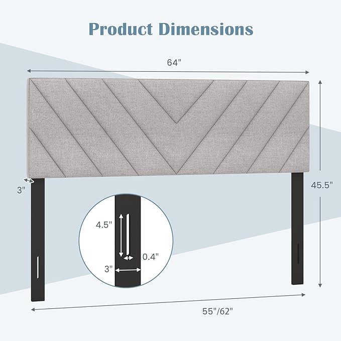 KOMFOTT Linen Fabric Upholstered Headboard for Full/Queen Size Bed, Rectangular Headboard with Solid Wood Legs & Adjustable Width, Padded Full/Queen Bed Headboard, Easy Assembly, Gray