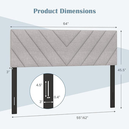 KOMFOTT Linen Fabric Upholstered Headboard for Full/Queen Size Bed, Rectangular Headboard with Solid Wood Legs & Adjustable Width, Padded Full/Queen Bed Headboard, Easy Assembly, Gray