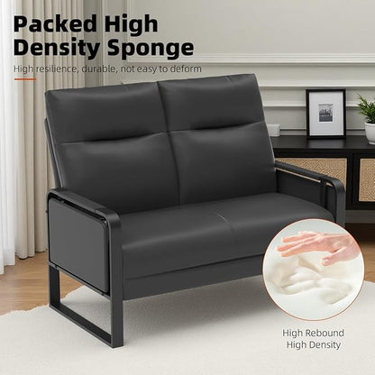 Faux Leather Loveseat, Upholstered Loveseat with Side Tray Table & Storage Pocket, Small Loveseat for Living Room, Modern 2 Seater Sofa Couch for Small Spaces, Bedroom, Black