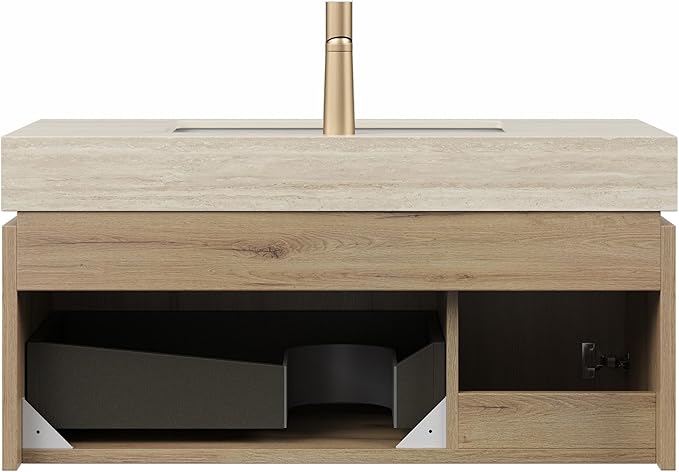 Bathroom Vanity with Sink 36 Inch, Floating Bathroom Vanity Sink Cabinet with Drawer and Door, Undermount Sink & Travertine-Pattern Sintered Stone Top, Pre-Assembled, White Oak