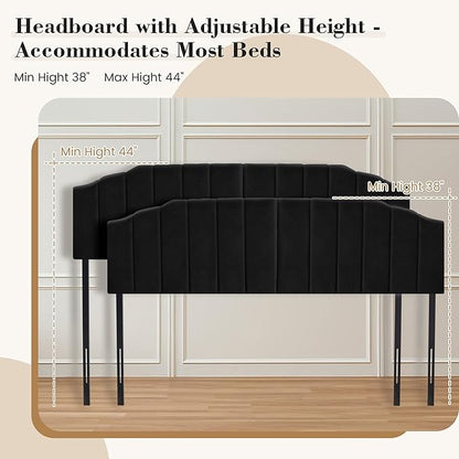 Upholstered Headboard Adjustable Height Queen/King Headboard Cream Velvet Tufted Modern Vertical Channel Design with Stepped Silhouette Top Edge(Black King)
