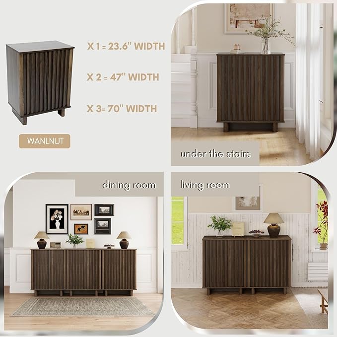 Sideboard Buffet Cabinet with Storage, Walnut Freestanding Floor Cabinet Farmhouse Sideboard with 2 Fluted Doors Wooden Hallway Cabinet Media Console Table Credenza for Living Room Dining Room, 3PCS