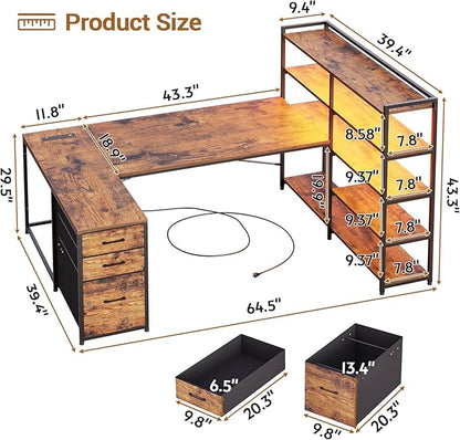 Sedeta L Shaped Desk with Storage Shelves, 64.5'' Reversible U Shaped Office Desk with 3 Fabric Drawers, Gaming Desk with Power Outlet & LED Strip, Rustic Brown