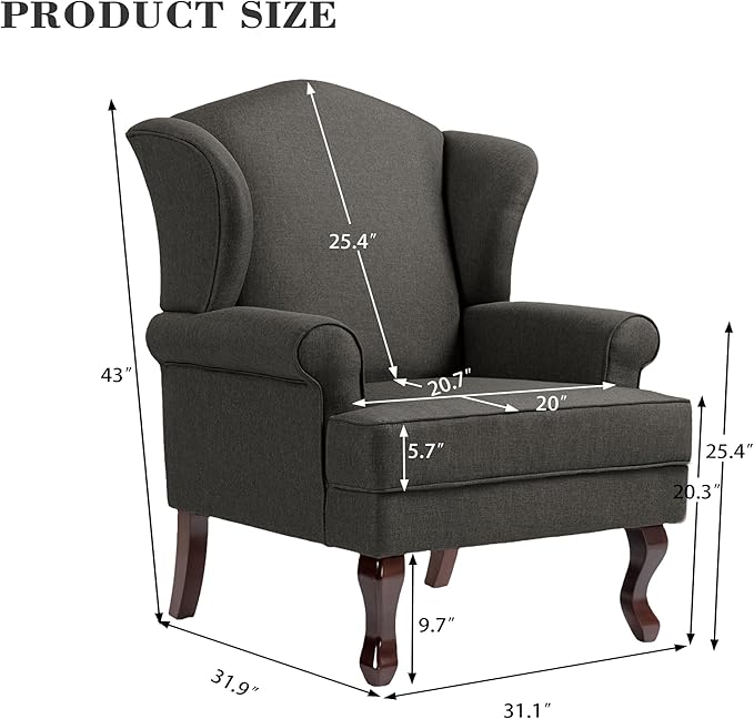 Pia Ricco Set of 2 High Back Accent Chairs: Upholstered Fabric Armchairs with Solid Wood Legs - Retro Living Room Pair, Comfy Reading Sofa Seats-Charcoal Grey