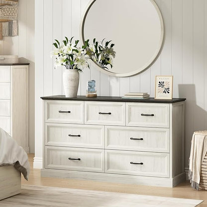 Farmhouse 7 Drawer Dresser for Bedroom, 55 Inch Wide Modern White Dresser TV Stand with Large Drawers & Bar Handles, Rustic Wood Chest of Drawers for Bedroom, Living Room, Hallway, Entryway.