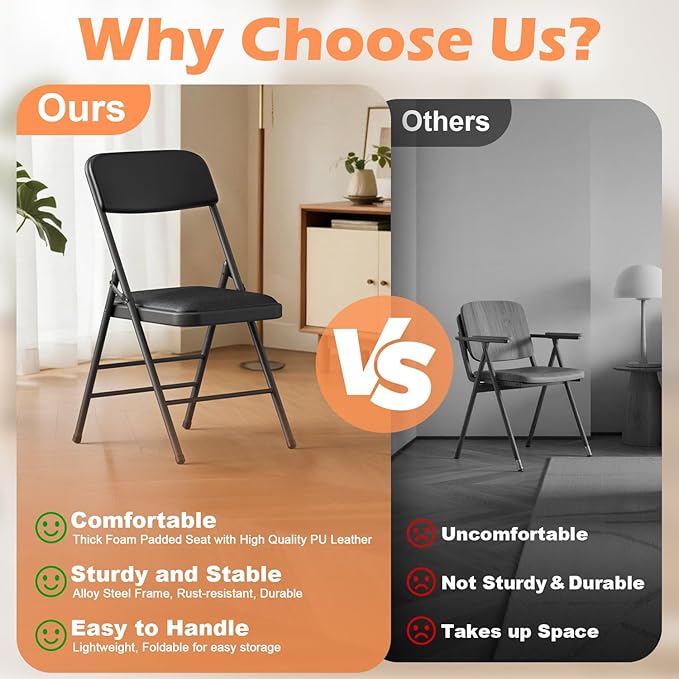 Commercial Grade Folding Chair with Padded Fabric Cushion（16"X16" |Double-hinged Legs Luxury Style|4.5kg Capacity Max Weight 150Kg for Home and Office,Indoor and Outdoor Events (2, PU-Black)
