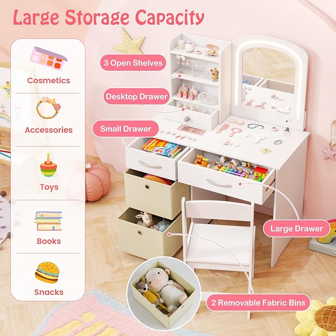 HONEY JOY Kids Vanity, Little Girls Vanity Set with Mirror and Stool and Lights, Wooden Princess Makeup Dressing Table, Storage Box & Shelf, Pretend Play Kids Vanity Table and Chair Set(White)