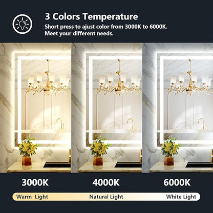 44x30 Inch LED Bathroom Mirror with Lights Front and Backlit Lighted Vanity Mirror for Bathroom Wall with 3 Colors Dimmable Anti-Fog Memory Shatter-Proof IP54 Waterproof Horizontal/Vertical