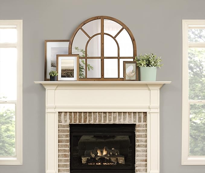 Kate and Laurel Boldmere Modern Farmhouse Wide Windowpane Arched Mirror; 30 x 29; Rustic Brown; Decorative Vintage Inspired Window Mirror for Farmhouse Wall Decor