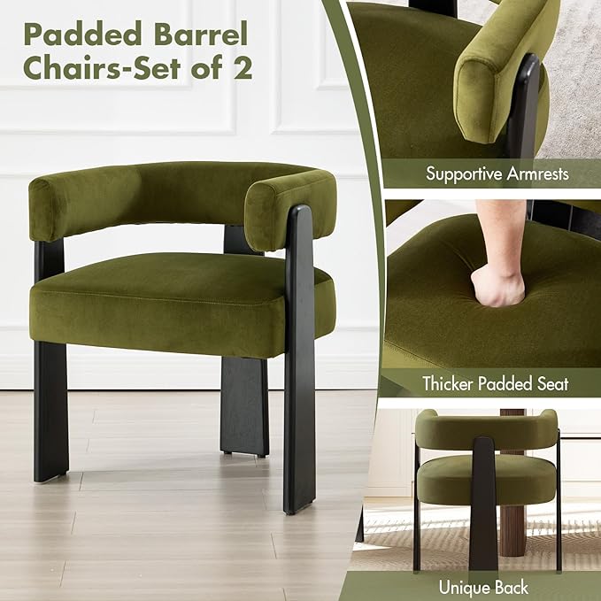 Modern Dining Chairs Set of 2, Upholstered Velvet Barrel Accent Chairs with Backrest & Arms, Wide and Thicker Padded Kitchen Side Chair with Wooden Legs for Dining Room, Livingroom, Dark Green