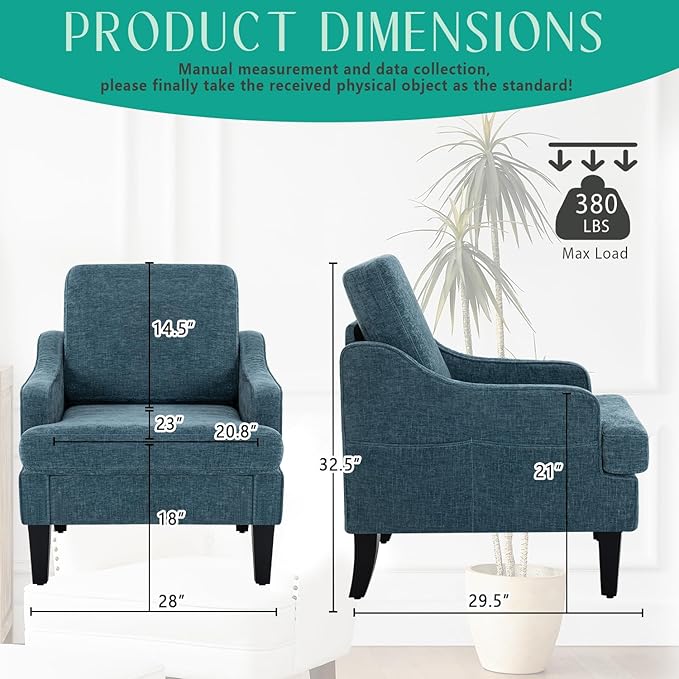 Modern Accent Chairs Set of 2 Upholstered Reading Chair for Bedroom with Side Pockets Comfy Living Room Chairs Living Room Armchair for Office, Apartment (Blue Chenille)