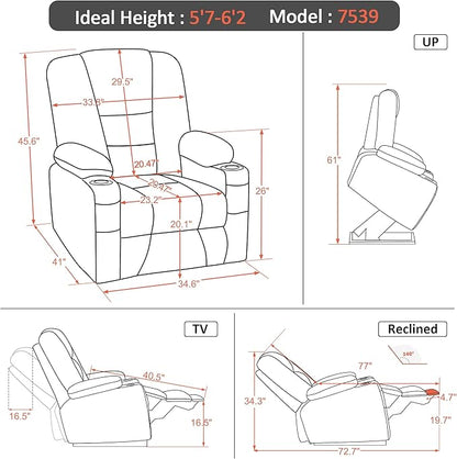 MCombo Large Power Lift Recliner Chair Sofa with Massage and Heat for Big and Tall Elderly People, 3 Positions, Cup Holders, and USB Ports, Faux Leather 7539 (Large, Dark Grey)