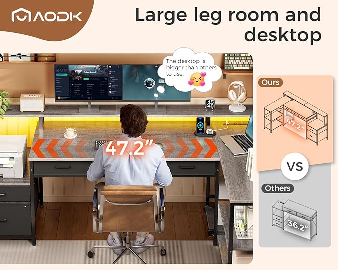 AODK L Shaped Desk with 5 File Drawers, 75" Reversible L Shaped Computer Desk with Power Outlet & LED Strip, Office Desk with Storage Shelves, Gaming Table with Monitor Shelf, Corner Table, Grey Oak