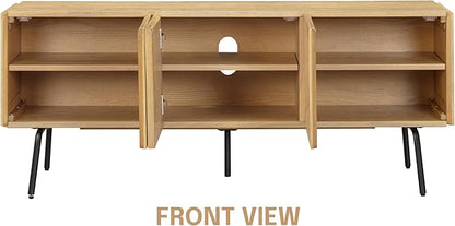 NTC Mossic TV Media Cabinet with 3 Doors for TVs, Entertainment Center with Natural Rattan, Metal Legs, Modern Storage Console for Living Room and Bedroom, Effortless Assembly, Sand