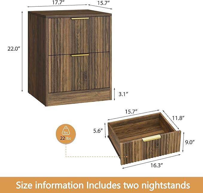 3-Piece Modern Bedroom Furniture Set, Wide 8-Drawer Dresser & 2-Drawer Nightstands Set of 2, Natural Wood Dresser and Nightstand Sets for Bedroom, Hallway, Walnut